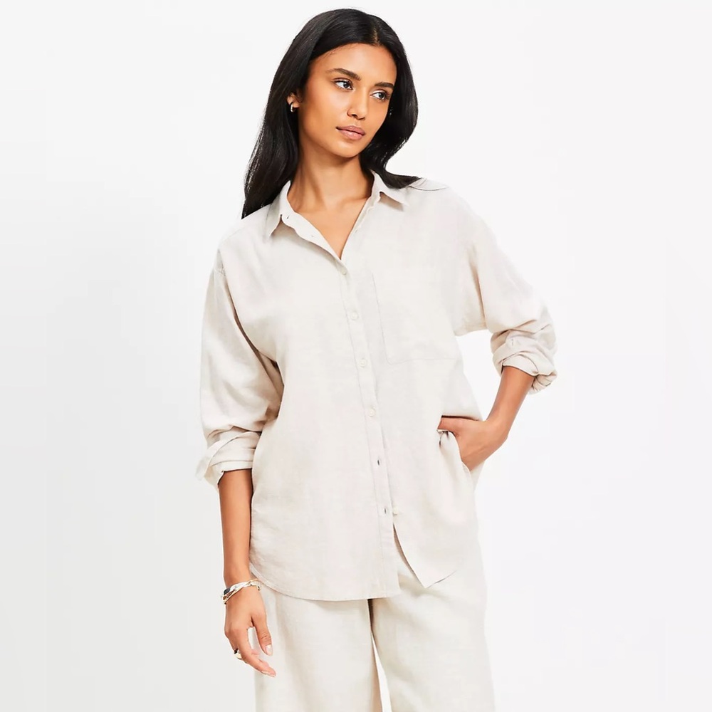 NWT $70 Ann Taylor LOFT Linen Blend Oversized Fit Pocket Shirt Natural/Beige XL